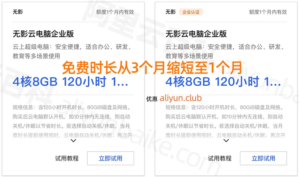 阿里云无影云电脑免费3个月缩短至1个月